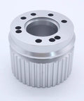 Sweet Aluminum Belt Drive Pulley Kit Replace V Belt Grooves Engine Part For Water Pump Shaft Fits Length Under Five Eighths Inch Works On Most Cars With Easy Install Prime Grade Automotive Swap Durable Alloy Build For Smooth Ride In Your Car Today. silver aluminum V-belt pulley for water pump shaft, grooved side view