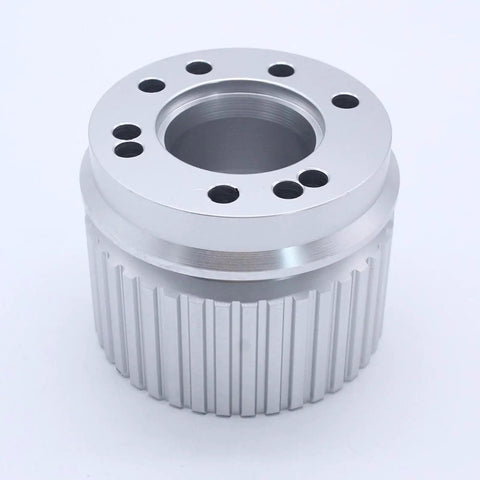 Sweet Aluminum Belt Drive Pulley Kit Replace V Belt Grooves Engine Part For Water Pump Shaft Fits Length Under Five Eighths Inch Works On Most Cars With Easy Install Prime Grade Automotive Swap Durable Alloy Build For Smooth Ride In Your Car Today. silver aluminum V-belt pulley for water pump shaft, grooved side view