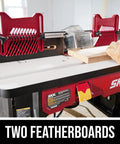 Benchtop Portable Router Table With Above Table Lift And Dual Sided Bit Storage in use with two featherboards.