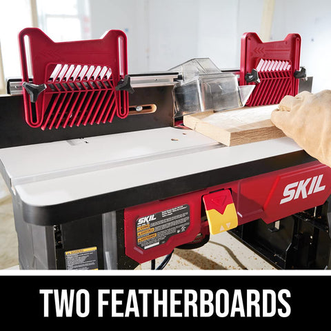 Benchtop Portable Router Table With Above Table Lift And Dual Sided Bit Storage in use with two featherboards.
