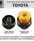 Two Toyota oil filter housings, one with a filter and one without, illustrating compatibility with cartridge style caps