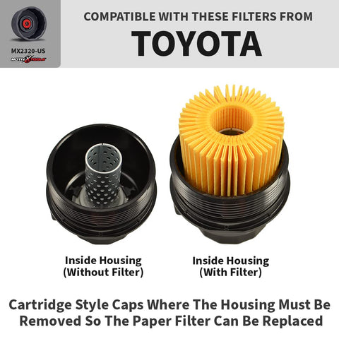Two Toyota oil filter housings, one with a filter and one without, illustrating compatibility with cartridge style caps