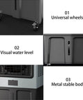 Dead Quiet Portable Swamp Cooler With Massive 180 Liter Tank And Three Adjustable Fan Speeds Evaporative Air Conditioner showing universal wheels and visible water level.
