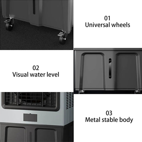 Dead Quiet Portable Swamp Cooler With Massive 180 Liter Tank And Three Adjustable Fan Speeds Evaporative Air Conditioner showing universal wheels and visible water level.