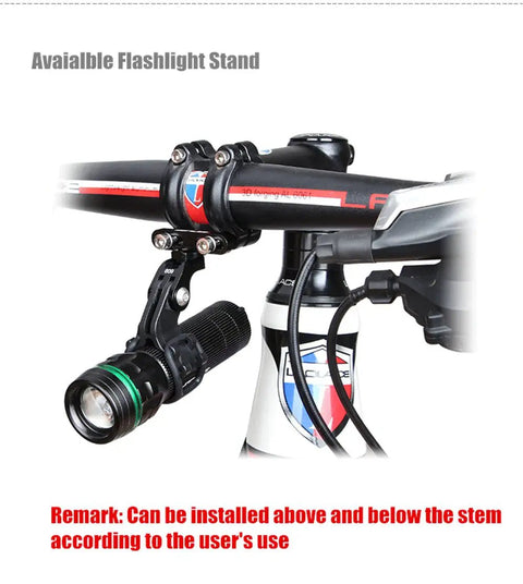 CNC Aluminum Bicycle Handlebar Stem Mount Rack For Sports Cameras With Quick Release And Headlight Bracket Anodized Black Rugged Rig For Road And Mountain Bikes installed on bicycle handlebars
