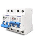 Top Shelf 2 Pole DC Circuit Breaker MCB 20 Amp Miniature Safety Switch For Solar Arrays with blue toggle handle and mounting points.