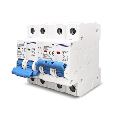 Top Shelf 2 Pole DC Circuit Breaker MCB 20 Amp Miniature Safety Switch For Solar Arrays with blue toggle handle and mounting points.