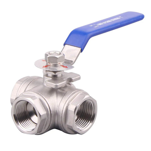 3 Way Ball Valve With T Mounting Pad, Stainless Steel 304, Female 1 Inch NPT Ports For Water Oil And Gas, Vinyl Locking Handle, High Pressure Up To 1000 WOG