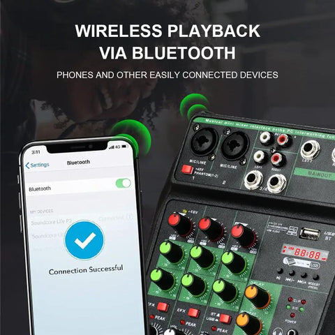 4 Channel Pro DJ Mixer With 99 DSP Effects, Bluetooth Streaming, USB Recording, close-up of wireless playback via Bluetooth feature