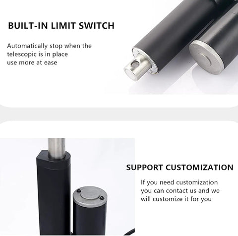 Heavy Lift Linear Actuator Electric Lifter Built Tough With Rock Solid Thrust Rating And IP65 Rated Waterproof Aluminum Telescopic Push Rod showing built-in limit switch and customization support.