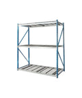 The Real Deal Heavy Duty Steel Bulk Storage Rack With 3 Wire Shelves For Warehouse Flex, 96x36x87 inch steel rack in marine blue and platinum.