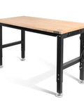 Rugged 48 Inch Adjustable Workbench Built Like A Tank With 2000 Lbs Load Capacity Hardwood Top And Integrated Power Strip side view showing solid wood surface and steel legs.