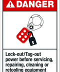 Industrial OSHA Safety Aluminum Sign For Lockout Tagout Before Equipment Servicing Power Supply Warning 8 By 12 Inch Weatherproof Metal Notice, red danger sign with lockout icon