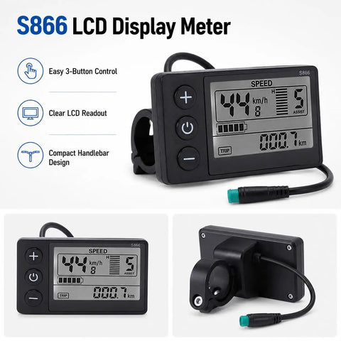 Electric Bike LCD Display Panel For 22.2 Mm Handlebars With Waterproof Plug, Meter For 24V 36V 48V E Bikes, S866 Compatible Digital Display Screen, Fits Road, Mountain, And Commuter Ebikes, Stable Mounting For City Streets
