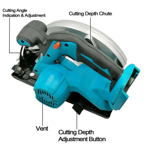 No Cord Hassle Cordless Circular Saw 18V Lithium Power Tool showing cutting angle adjustment and depth features.