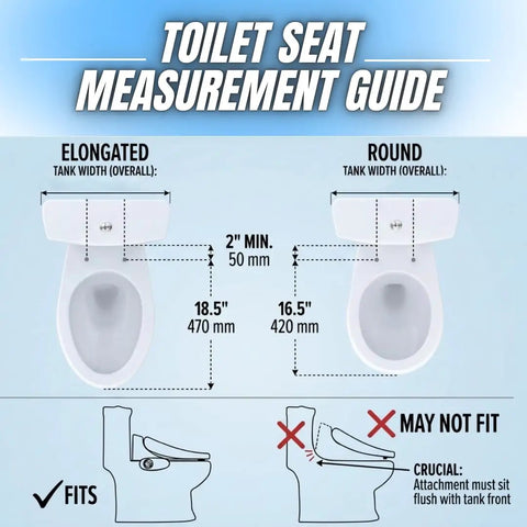 Toilet seat measurement guide showing elongated and round sizes, includes fitting instructions for Round Bidet Toilet Seat With Adjustable Self Cleaning Nozzles, Easy Attachment Kit T Adapter And Bottle, Non Electric Bidet Seat For Keepin It Fresh Hygienic Cleanse Every Use.