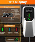Top Shelf Portable Level One And Two Electric Vehicle Charger Built For SAE J1772 Rides with TFT display showing charging stats.