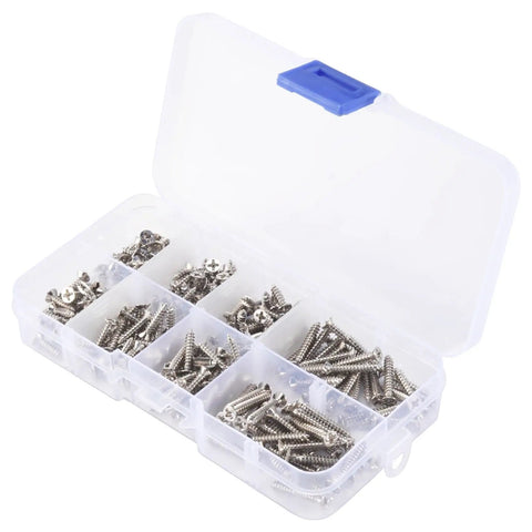 200 Pcs M3 Stainless Steel Flat Head Screws Set in clear organizer box, heavy duty for DIY projects and home repair.