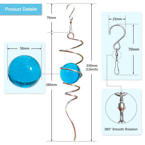 Spinning Gazing Ball With Spiral Tail 11 Inch Tail And 2 Inch Blue Glass Orb Wind Spinner Stabilizer With Swivel Hook Sun Catcher Rainbow Maker For Garden Or Indoor Outdoor Decor 13 Inch Height, blue glass orb and spiral tail with swivel hook, 360° rotation