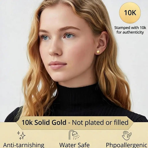 10K Yellow Gold Ball Stud Earrings 3mm for Dope Everyday Wear Tarnish Resistant High Polish Finish with Secure Push Back Closure Lightweight Durable Jewelry for Women Perfect Gift for Her, woman wearing 3mm 10K gold stud earring