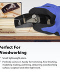 Compact Mini Hand Plane For Smooth Woodworking And Quick Deburring With Easy Depth Dial Portable Tool. Handheld plane in blue glove.