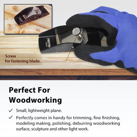 Compact Mini Hand Plane For Smooth Woodworking And Quick Deburring With Easy Depth Dial Portable Tool. Handheld plane in blue glove.