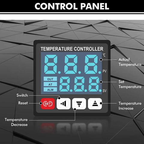 Temperature controller on a Portable Edge Banding Machine For Woodworking With Adjustable Speed Up To Five Meters Per Minute, Handles Curved And Straight Edges, Double Sided Gluing, Lightweight Desktop Tool For On The Go Edging Projects, showing control buttons and display.