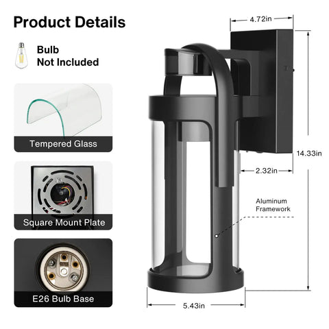 Motion Sensor Outdoor Wall Light With Three Lighting Modes For Porch And Exterior Use Black Dusk To Dawn Wall Mount Lantern Style Lighting For House Garage And Entryway Bulb Not Included, showing design details and materials.