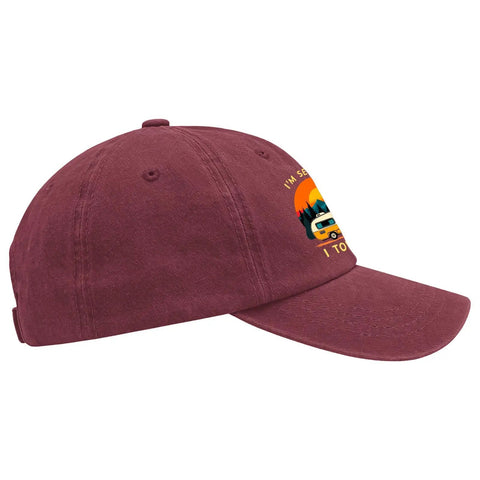 Dope Vintage RV Camper Hat for Women with Funny Tow It Quote in Wine Red, side view, outdoor adventure cap for camping.