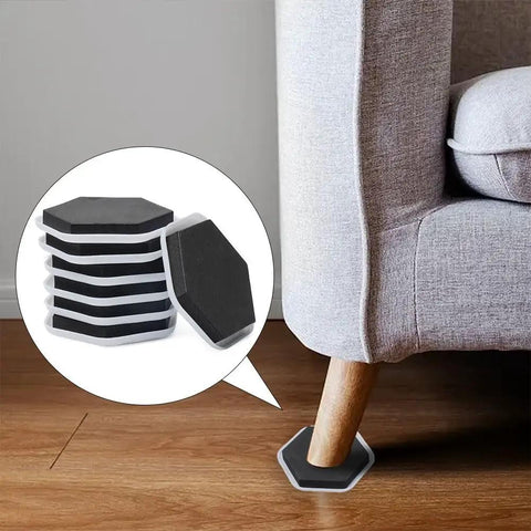 Total Game Changer 20 Pack Heavy Duty Furniture Sliders For Smooth Carpet Moves, hexagon shape under couch leg on hardwood floor.
