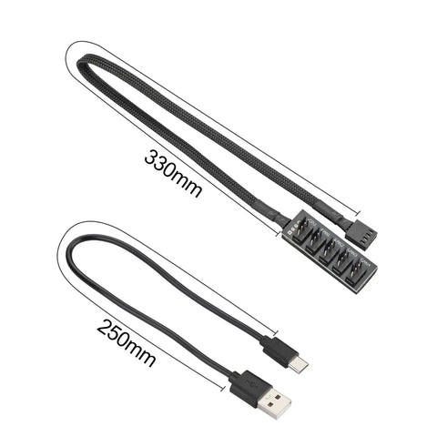 4 Pin 12V PWM Fan Controller with Type C USB Power Cable and 5 Way PWM Fan Splitter shown with dimensions