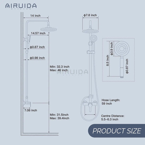 Outdoor Shower Faucet Setup With SUS304 Stainless Steel Wall Mount Exposed Brushed Nickel Finish dimensions diagram.