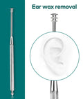 Close-up of a stainless steel ear pick tool showing its textured grip and spiral end for ear wax removal.