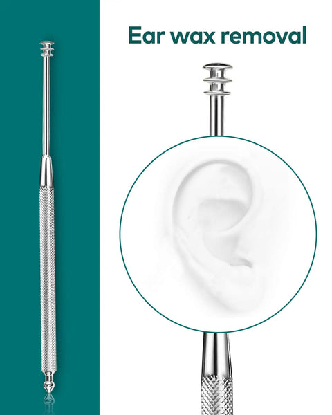 Close-up of a stainless steel ear pick tool showing its textured grip and spiral end for ear wax removal.