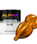Cu-29 Professional Grade Basecoat Paint Gallon 128oz Ready To Spray Mix With Medium Reducer For A Dead On Color Match And Showroom Slick Finish On Your Next Ride Build with a shiny gold color sample.