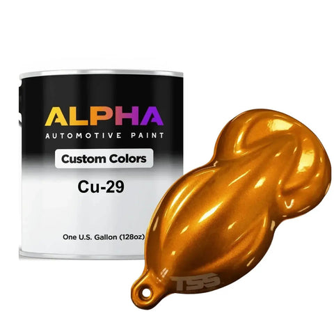 Cu-29 Professional Grade Basecoat Paint Gallon 128oz with a shiny orange color sample for automotive refinishing.