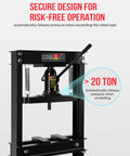 Heavy Hitter 20 Ton Hydraulic Shop Press With Stamping Plates Durable Carbon Steel H Frame showing secure design and pressure release feature.