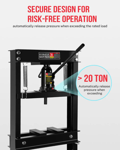 Heavy Hitter 20 Ton Hydraulic Shop Press With Stamping Plates Durable Carbon Steel H Frame showing secure design and pressure release feature.