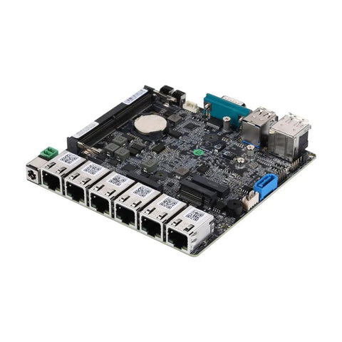 Badass N100 Fanless Mini PC With Six 2.5 Gigabit LAN Ports Rock Solid DDR5 Barebone Kit motherboard featuring six Intel i226V LAN ports.