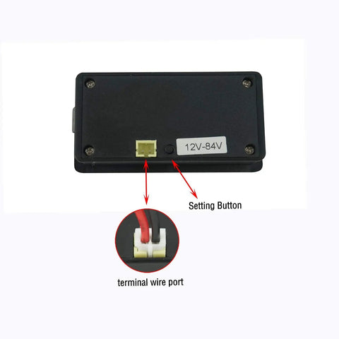 DC 12V 24V 36V 48V 72V Battery Meter And Capacity Voltage Monitor With 3 In 1 Function And Low Battery Alarm For Cars Boats RVs Trucks And Solar Setups Real Time Voltage And Capacity Readout back view with terminal wire port and setting button