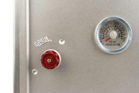 Close-up of Portable Camping Oven With Built In Thermometer And Adjustable Rack Folds Flat For Easy Storage Sits On Camp Stoves Or Fire.