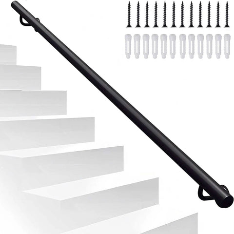 Wall Mounted Stair Railing Adjustable Wrought Iron Banister Non Slip Grab Bar Heavy Duty Metal Handrail installed on steps.