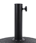 Close-up of the Beefy Heavy Duty 22 Lb Resin Patio Market Umbrella Base Stand showing black textured finish and securing knob.