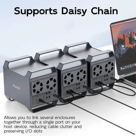 Heavy Duty Four Bay Hard Drive Enclosure With Usb C And Ten Gbps Speed For 3.5 Inch Sata Drives Packed With Dual Active Cooling Fans And Slick Desktop Das Storage Hub Setup showing daisy chain support connecting multiple units.