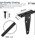 Diagram showing dimensions of Six Pack 3 Inch Black T Strap Shed Door Hinges with rustproof coating and included screw.