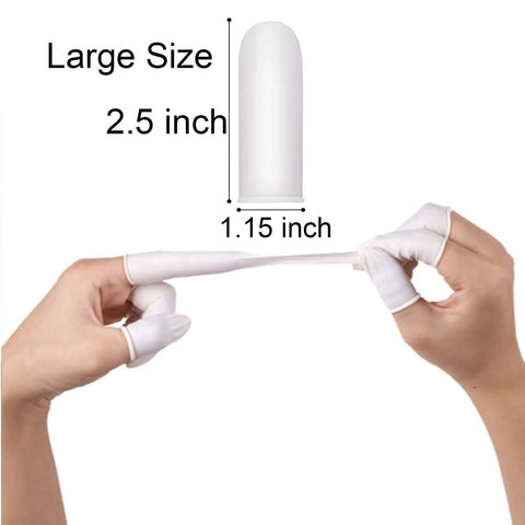 Hands stretching a large Disposable Latex Finger Cot, 2.5 inches long, 1.15 inch diameter, showcasing non-slip flexibility.