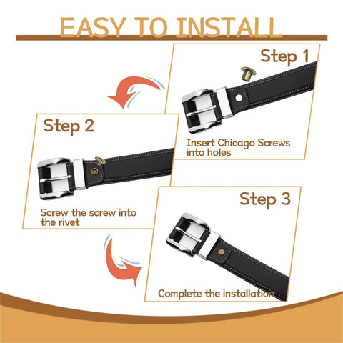 Installation steps: Easy to install, insert Chicago screws into holes, screw into rivet, complete installation using leather rivet kit.