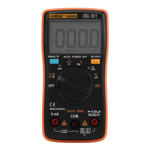 Front view of True RMS Digital Multimeter for Auto and Home Use, AC and DC Voltage, Current, Resistance, and Diode Testing.