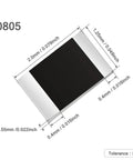 Angled front view of an 0805 SMD resistor chip with silver end caps and labeled dimensions.