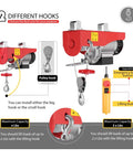 VIVOHOME electric hoist with remote control; front and side views, red body, gray motor, 110V, 440 lb capacity.